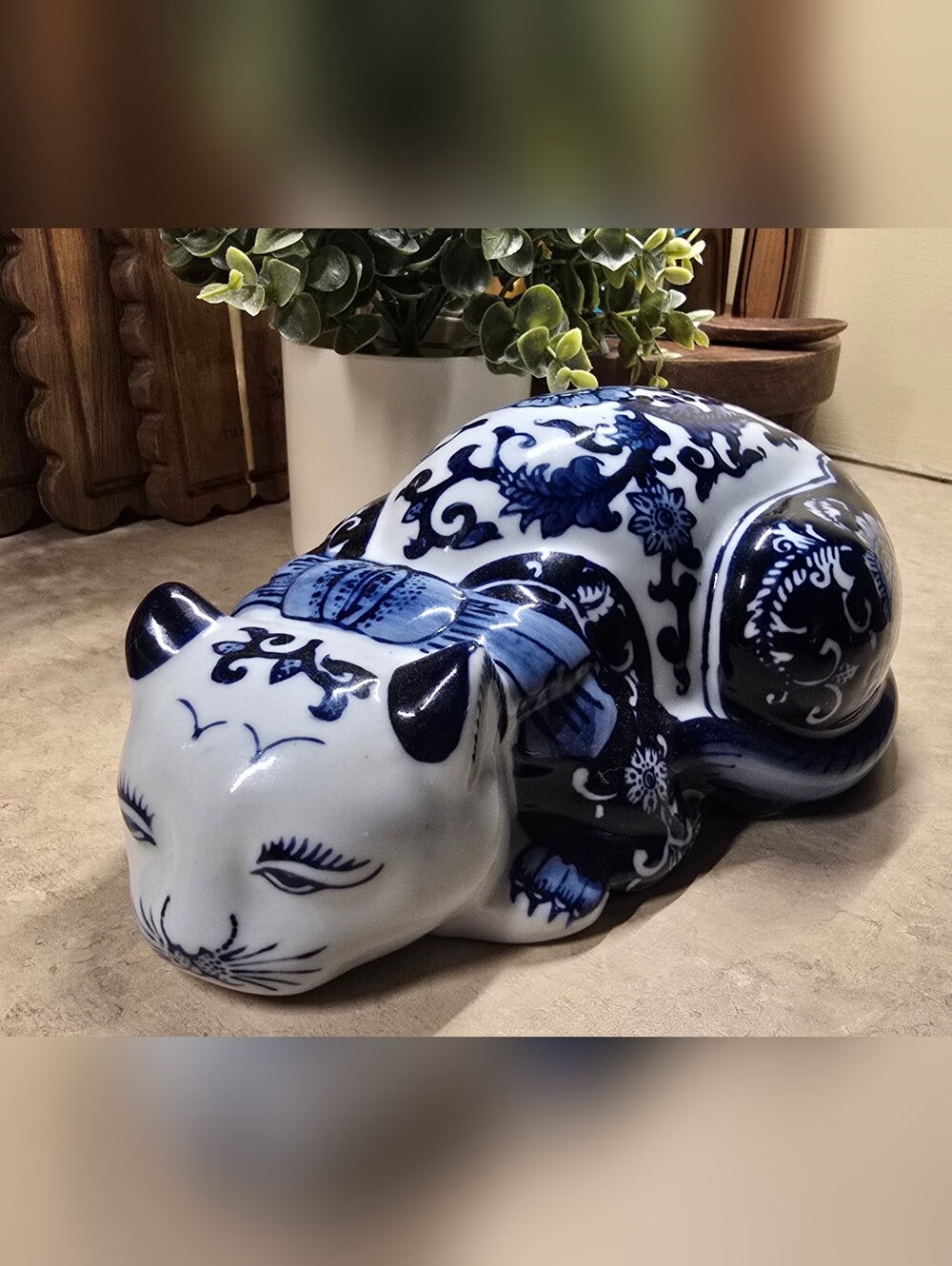 Vintage Blue and White Sleeping Cat Porcelain Figurine
